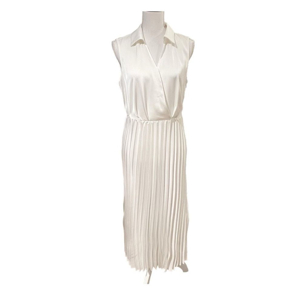 Halogen Sleeveless Pleated Midi Dress Size S Ivory Minimalist Classic Capsule